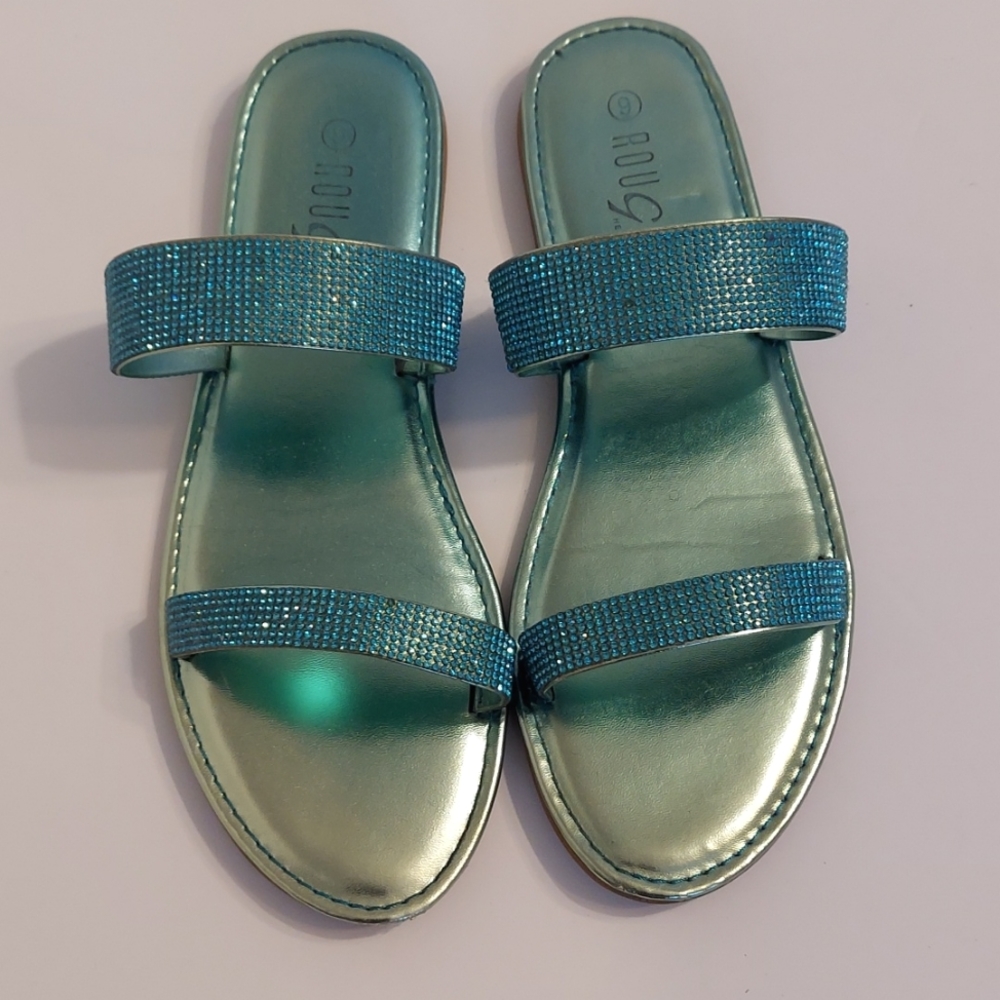 ‼️3 for $20‼️  Rouge Helium Turquoise Blue Crystal Embellished Flat Slides